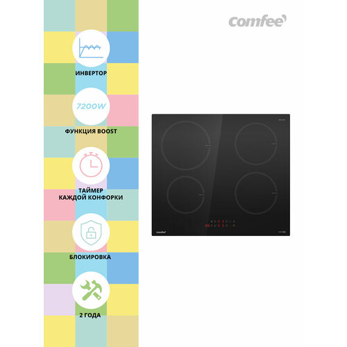 Индукционная варочная панель Comfee CIH601 инвертор ширина 60 см 4 конфорки сенсорное управление 9 уровней мощности Boost таймер блокировка автообнаружение посуды черный 10990₽