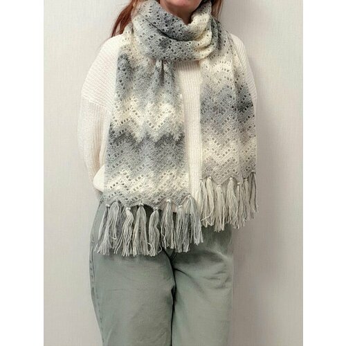 Шарф ,215х27 см, one size, серый, белый шарф женский синий из толстой пряжи
