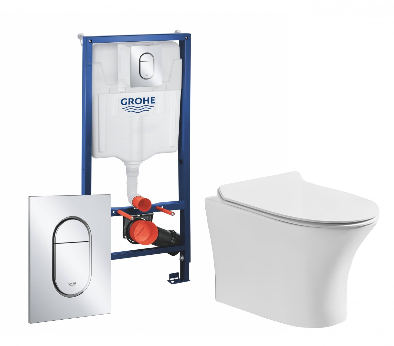 Комплект 3 в 1 инсталляция Grohe Solido 39504000 + Подвесной безободковый унитаз Cerutti Spa Bernina aria CT7191 + кнопка хром