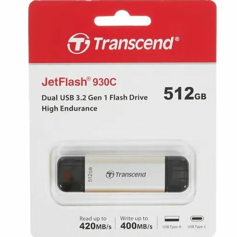 Память USB Flash 512 ГБ Transcend JetFlash 930C (TS512GJF930C) - USB 3.2 Gen1, до 420 Мбайт/сек, монолит с колпачком, пластик