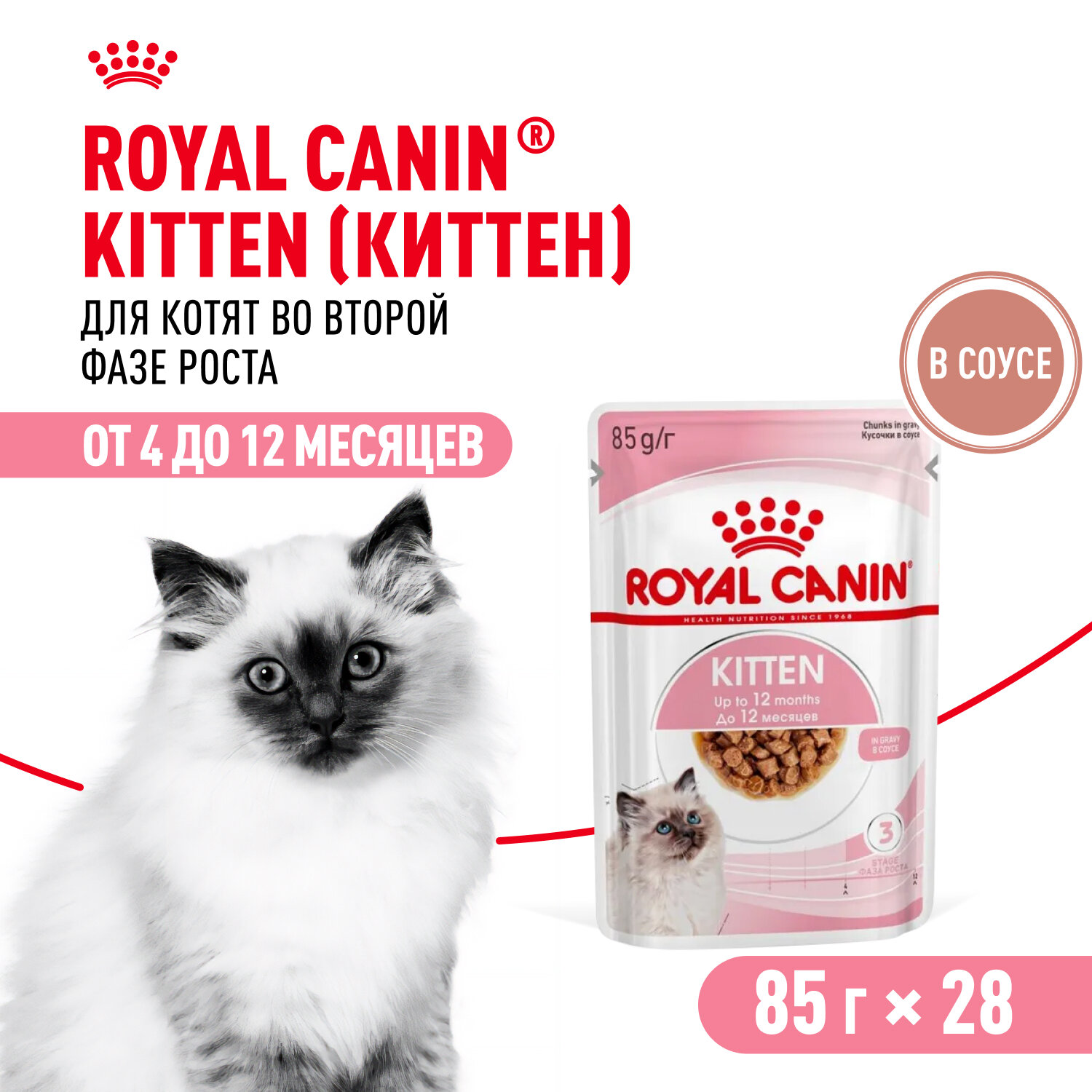 Влажный корм для котят Royal Canin Kitten кусочки в соусе, 28 шт по 85 г