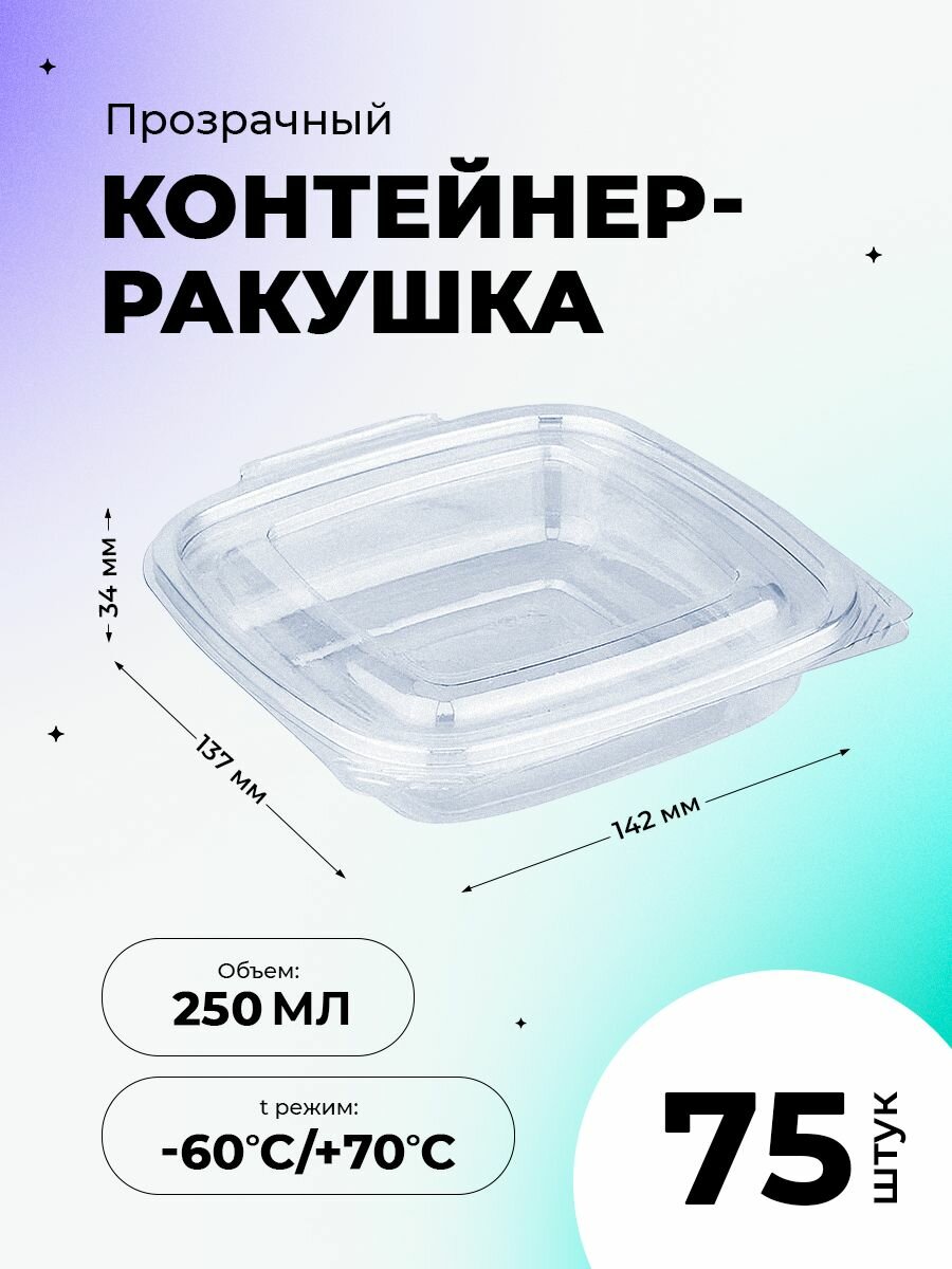 Контейнер-ракушка 137х142х34мм 250мл ПЭТ квадратный прозрачный с крышкой, 75 штук