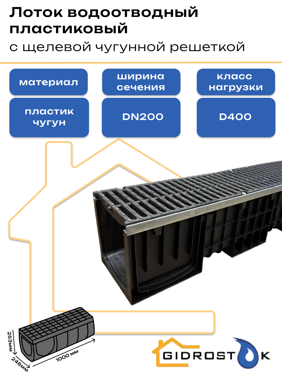 Лоток пластиковый усиленный DN200 H253 мм с щелевой чугунной решеткой класс D400
