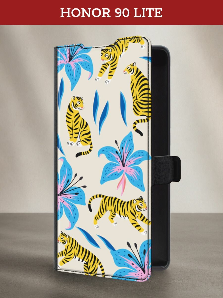 Чехол-книжка на Honor 90 Lite / Хонор 90 Лайт с принтом Пять тигров, черный