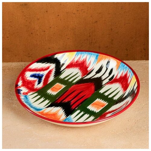 Шафран Ляган круглый Риштанская Керамика, 25см, сине-зелёный орнамент