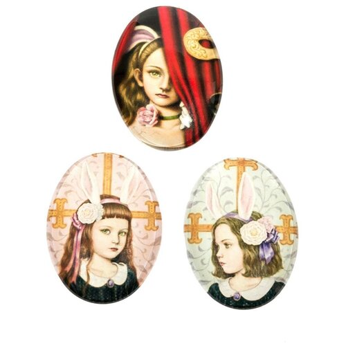 фото Набор стеклянных кабошонов с ламинированной наклейкой-принтом, размер каждого кабошона: 40х30х7 мм, форма: овал, вес: 13 грамм, 3 шт. kaboshon