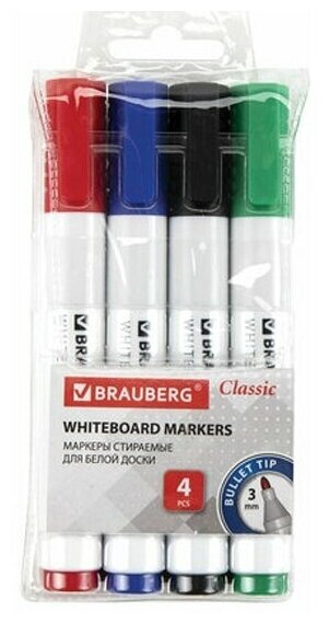 Маркеры стираемые Brauberg для белой доски набор 4 цвета, "CLASSIC", 3 мм, с клипом, 152117