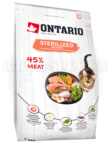 Корм Ontario Sterilised Salmon для стерилизованных кошек, с лососем, 2 кг - фотография № 2