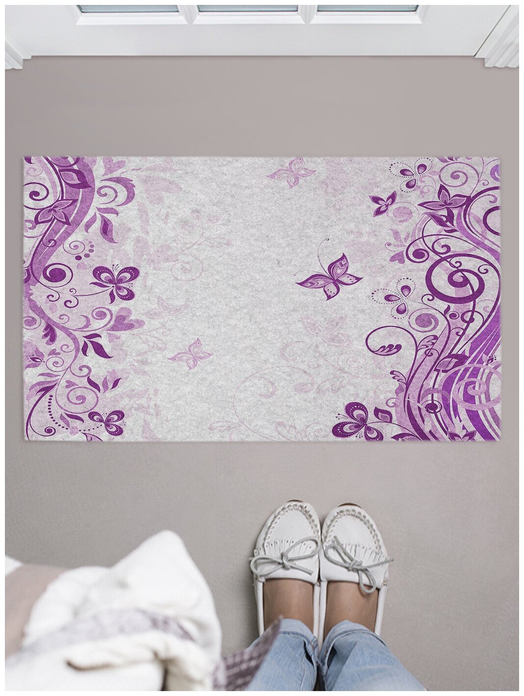 Придверный коврик в прихожую JoyArty "Элегантные бабочки" для обуви, на резиновой основе, 75x45 см