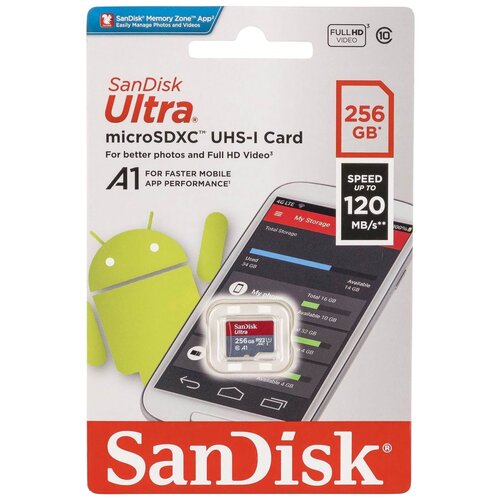 Карта памяти MicroSD SanDisk Ultra 256GB UHS-I (SDSQUA4-256G-GN6MN) 32gb карта памяти microsd sandisk class 10 ultra uhs i a1 120 mb s без адаптера sdsqua4 032ggn6mn
