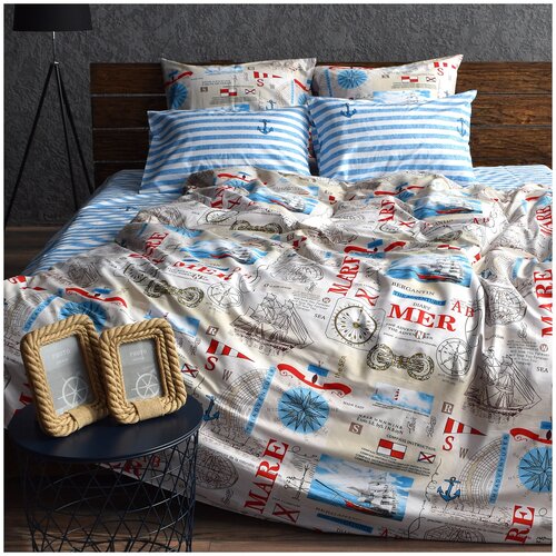 фото Комплект постельного белья сатин-комфорт 15-52 хлопок 100%, семейный, белый-голубой tana