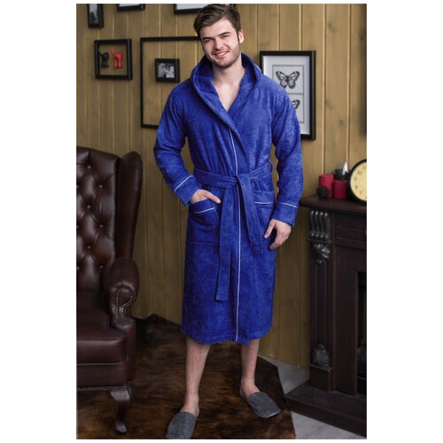 фото Халат махровый homeliness мужской капюшон+кант, цвет синий, размер 58