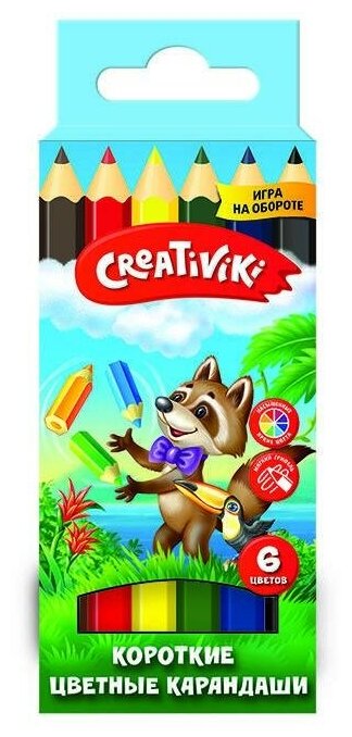 Карандаши цветные 6 цветов Creativiki (дерево, 6гр, короткие) картонная упаковка, 48 уп.