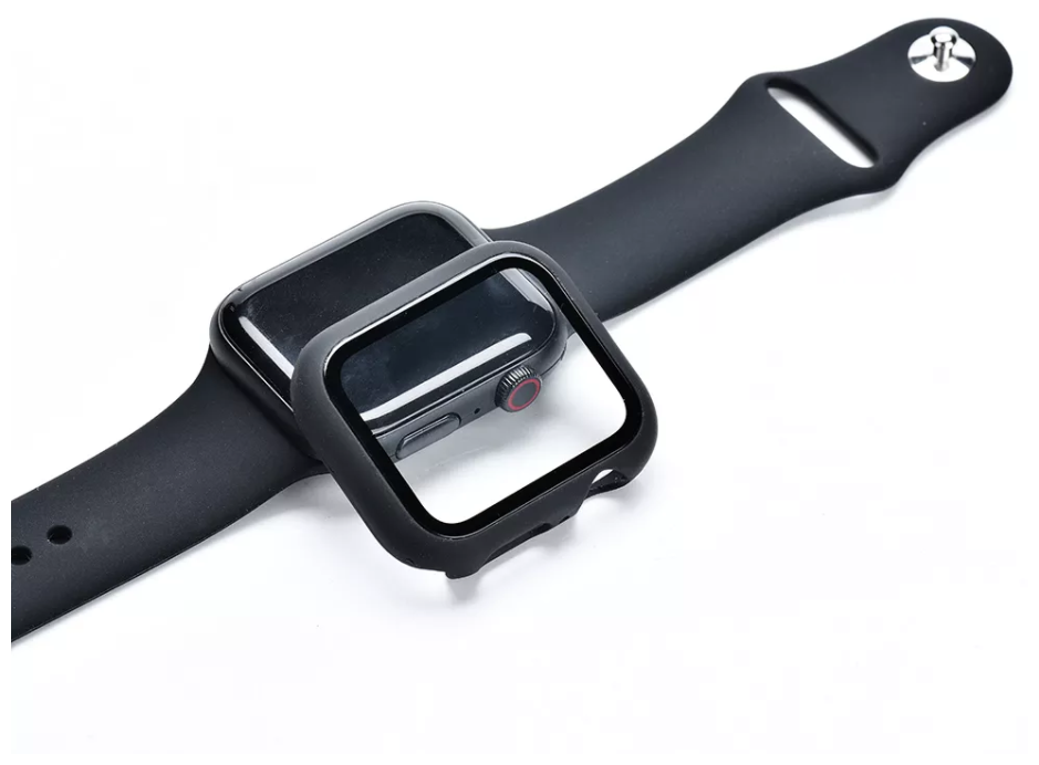 Защитное стекло на Apple Watch 44mm черное с силиконовым чехлом