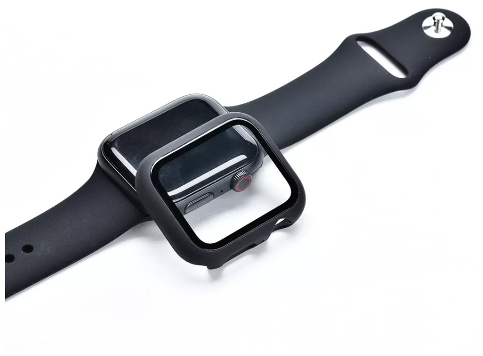 Защитное стекло на Apple Watch, 44mm, черное, с силиконовым чехлом