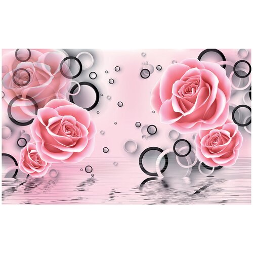 Фотообои Уютная стена 3D розы с кругами над водой 430х270 см Виниловые Бесшовные (единым полотном)