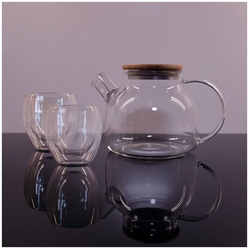 Набор чайный ЛiСТ (LIS50154) Чайник стеклянный заварочный 1000 мл, Стакан с двойными стенками (термо стакан) 350мл -2 шт, 3 предмета, на 2 персоны