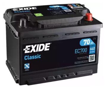 Акб classic 70ah 640a 278x175x190 (-+), exide, ec700