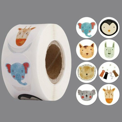 Наклейка бумага Нарисованные звери d25 см 500 шт в рулоне 3х65х65 см 370₽