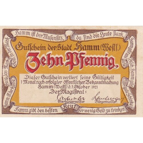 Германия (Веймарская Республика) Хамм 10 пфеннигов 1921 г.