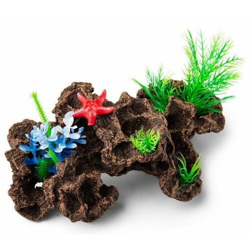 Грот из биокерамики Риф с растениями (коричневый) К-102