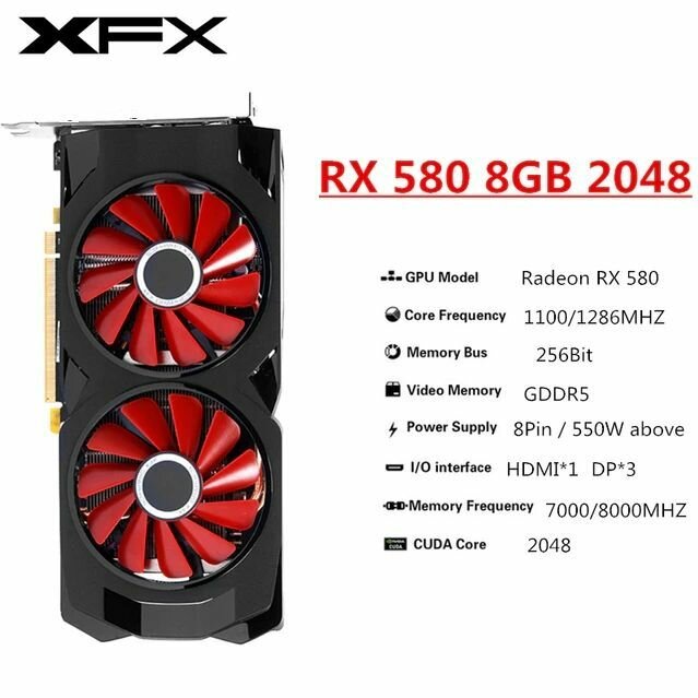 XFX AMD Radeon RX580 Red 8G GDDR5 Memory 1750 MHz 6pin 14 NM 7000 MHz PCI Express 3.0 X16 256 Bit 1284 MHz