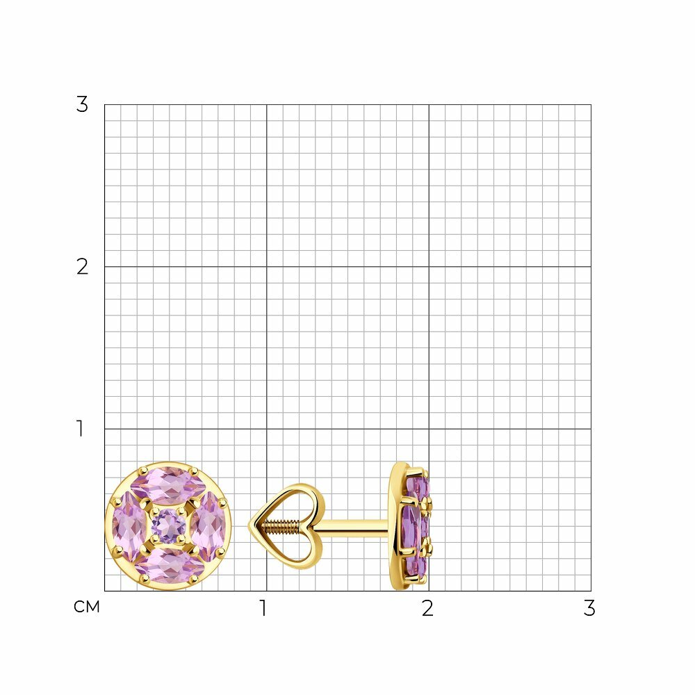 Серьги пусеты Diamant, желтое золото, 585 проба, аметист