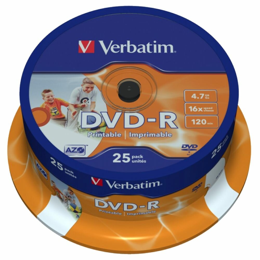 Диск DVD-R Verbatim 4.7Gb 16x Cake Box (25шт) Printable (43538)