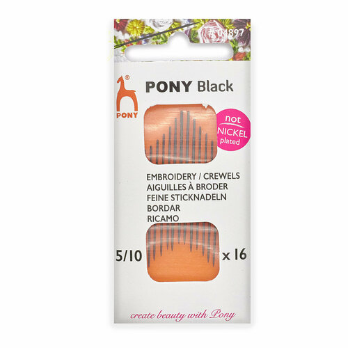 Иголки для шитья и вышивания № 5-10, PONY Crewels BLACK, 04897, 16 шт