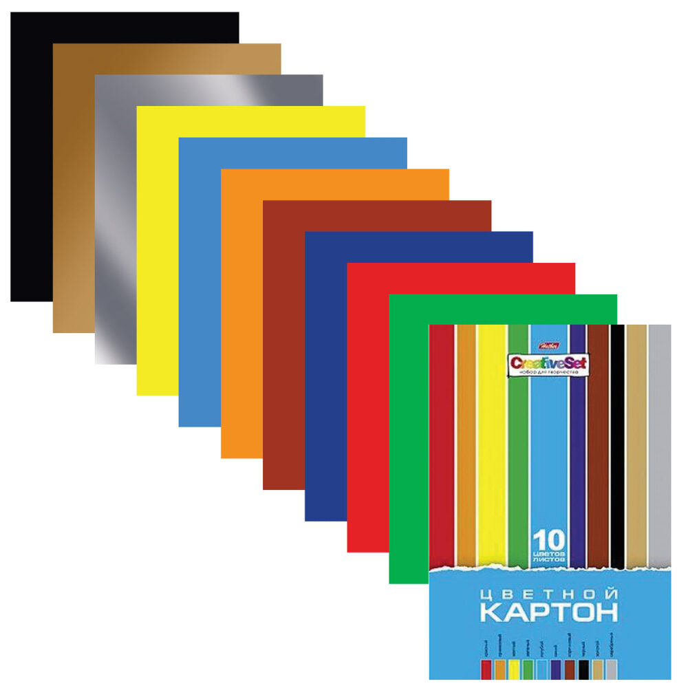 Картон цветной А4 мелованный, 10 листов 10 цветов, в папке, HATBER, 195х280 мм, "Creative", 10Кц4 05809, N049600 упаковка 10 шт.