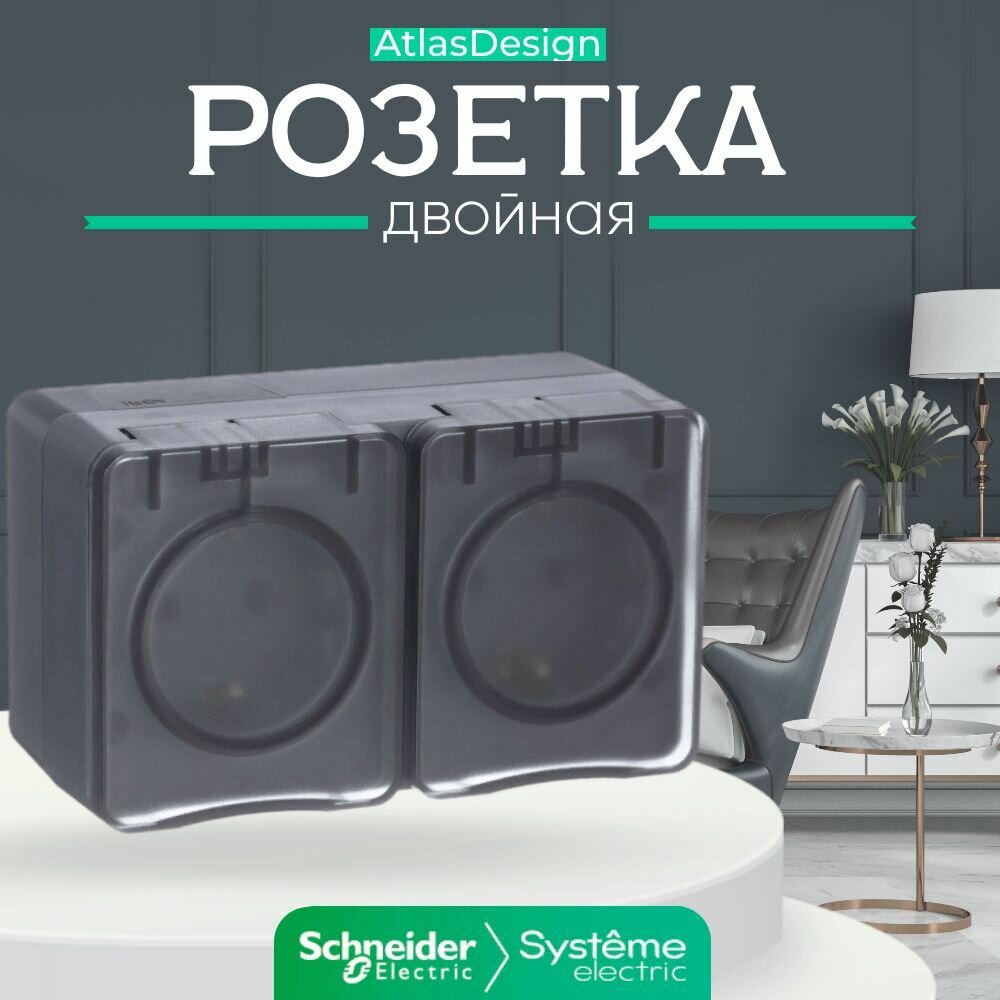 Schneider/Systeme Electric AtlasDesign Profi54 двойная розетка с заземлением со шторками открытой установки 16А 250B, антрацит, Россия