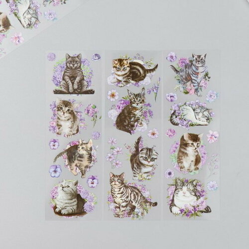 Наклейки для творчества Полосатые котики и сиреневые цветы набор 6 листов 18х6 см