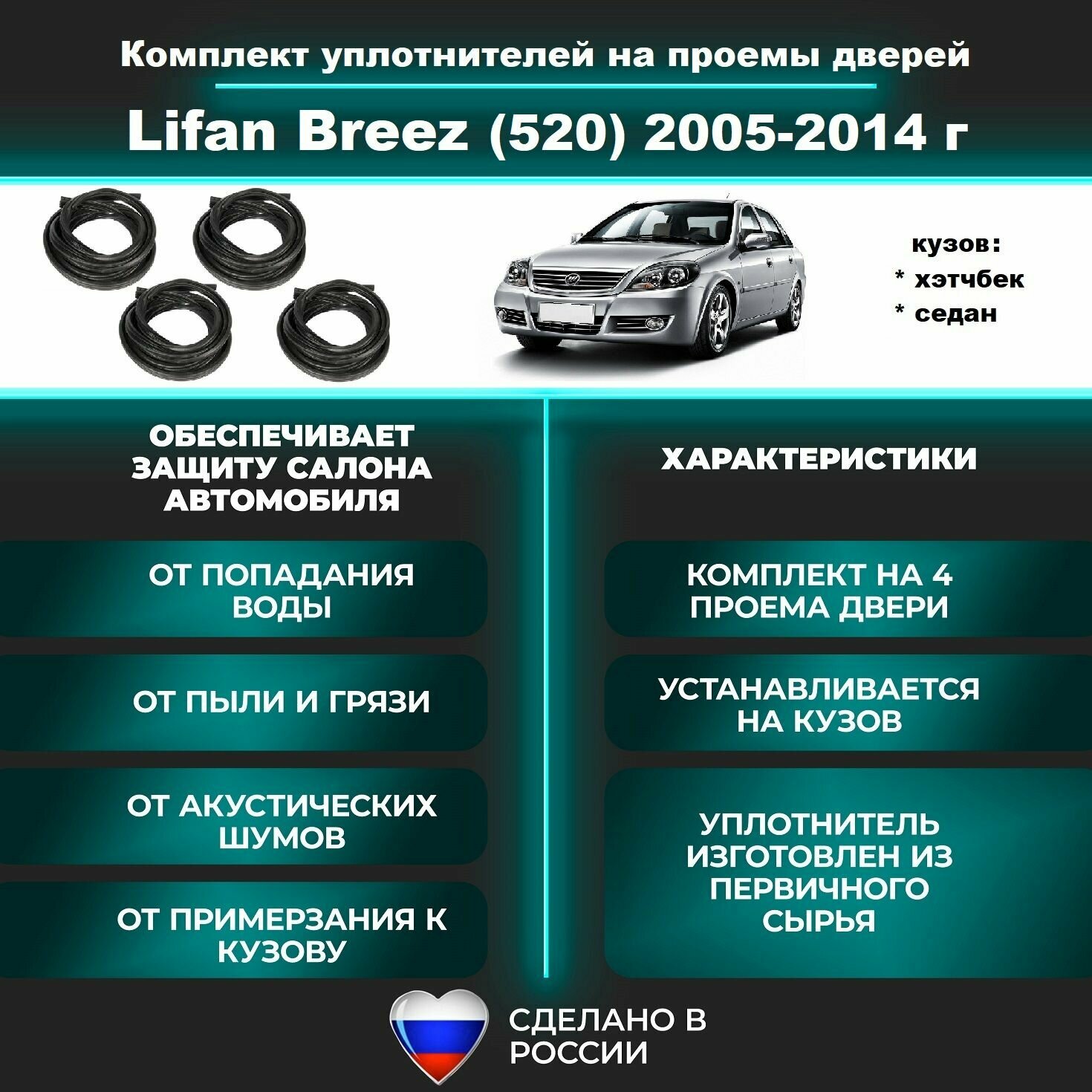 Комплект уплотнителей проемов дверей для Lifan Breez (520) 2005-2014 г, Лифан Бриз (на 4 дверных проема - 2 передних и 2 задних)