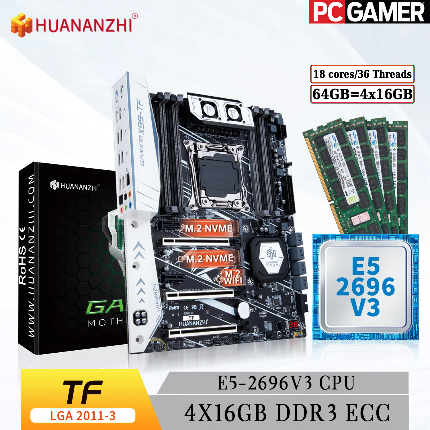 Комплект материнская плата Huananzhi X99-TF + Xeon 2696V3 + 64GB DDR3 ECC