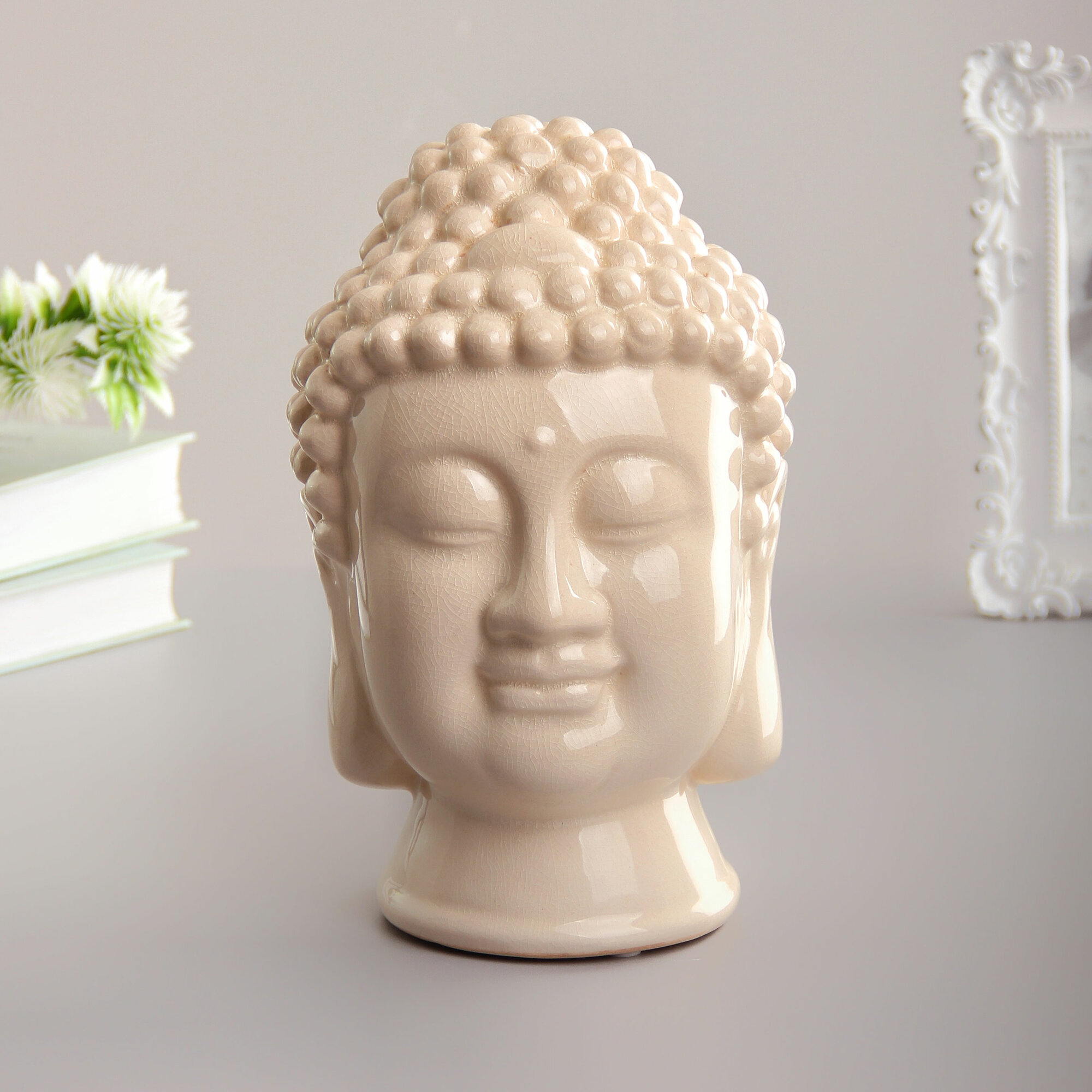 Фигура Бюст Будды 13х25 см винтажно - белый с эффектом кракелюра