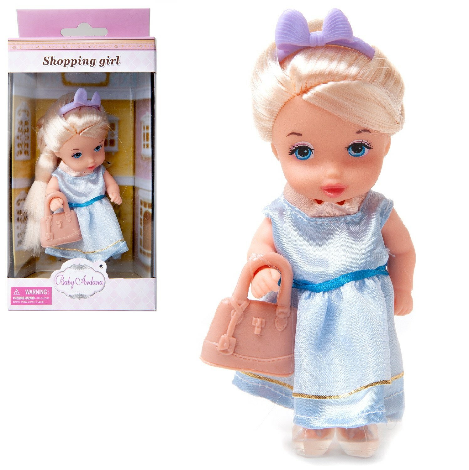 Кукла-мини Baby Ardana серия Шоппинг в голубом платье с сумочкой 11 см A592/голубое