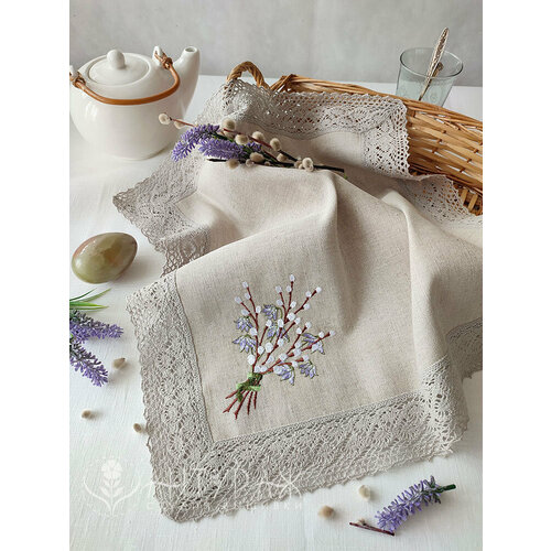 Пасхальный сувенир серая льняная салфетка, вышивка, кружево, 45x45, ANTURAG VISHIVKA