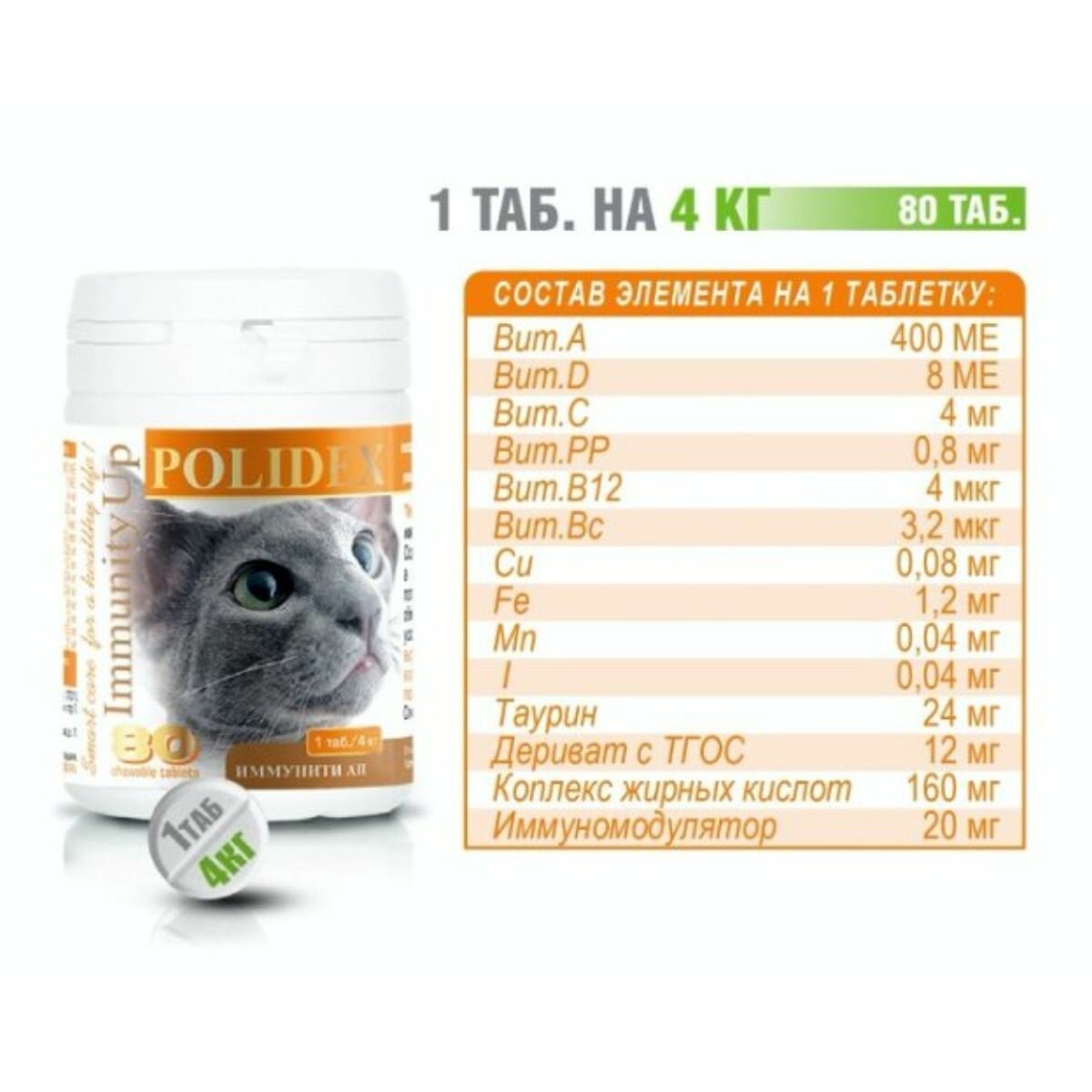 Polidex Полидекс Иммунити Ап Таблетки для урепления иммунитета у кошек, 80 таблеток - фото №14