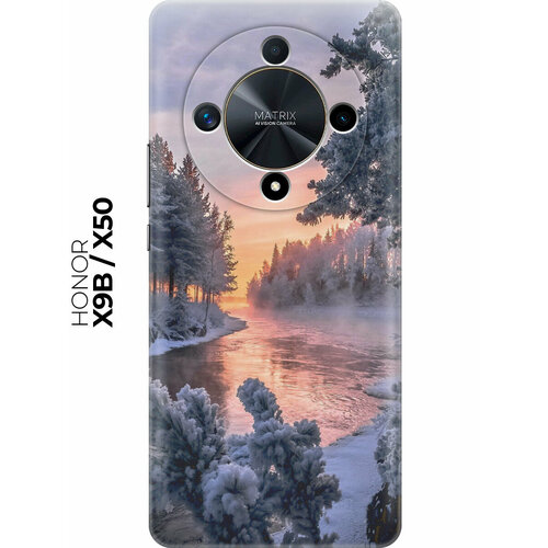 Силиконовый чехол на Honor X9b / X50 с принтом "Река в заснеженном лесу" белый, черный, бесцветный