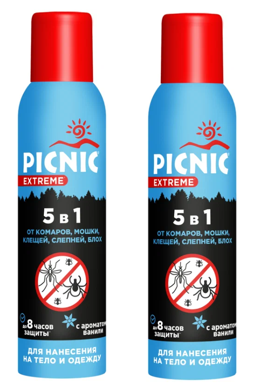 Аэрозоль Picnic Extreme 5в1, защита 8 часов от комаров, мошек, клещей, слепней, блох, 150 мл, 2 шт