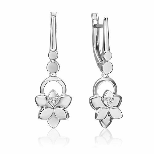 фото Серьги platina, белое золото, 585 проба, родирование, бриллиант, серебряный