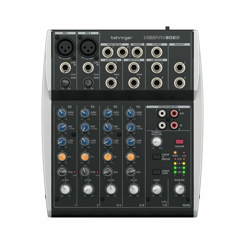 BEHRINGER XENYX 802S микшерный пульт, 8входов, 2 шины выходов, трехполосный эквалайзер behringer xenyx 502s микшерный пульт 5 входов 2 шины выходов предусилители xenyx