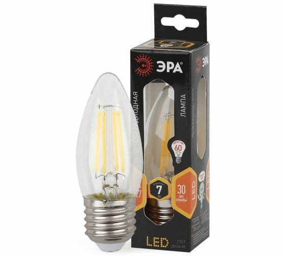 Лампа светодиодная филаментная ЭРА свеча B35 E27 7W 695lm тёплый мягкий свет 2700К, 005139