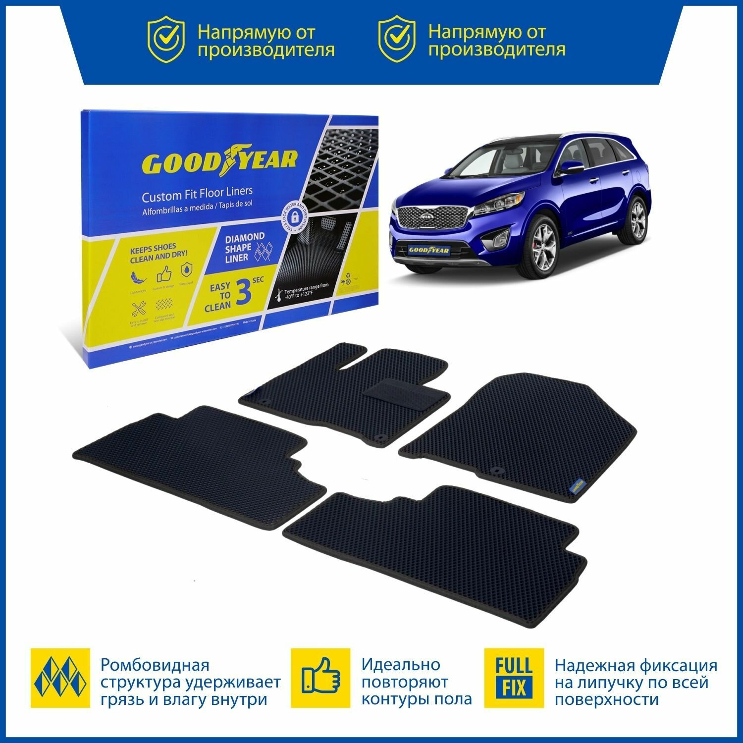 Ковры салона Goodyear для Kia Sorento Prime III 2017-2020 г. в, 4 шт Черн/Черн окант.