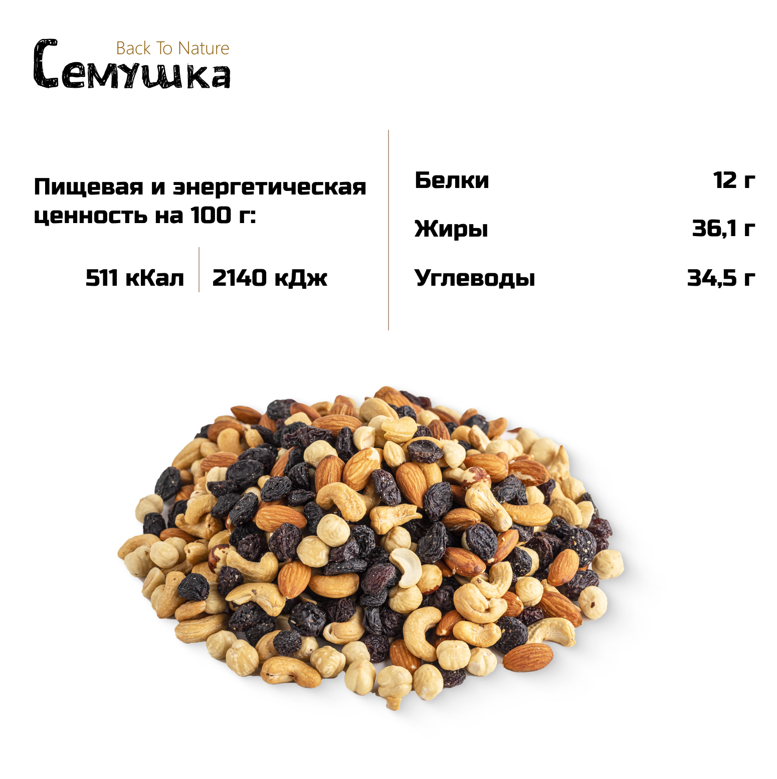 Смесь Семушка жареных орехов и изюма, 250 г