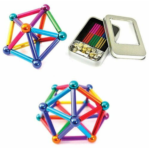 Магнитный конструктор НеоКуб Neocube, Магнитный конструктор-головоломка с цилиндрами цветной 63 элемента/Неокуб с цилиндрами радужный