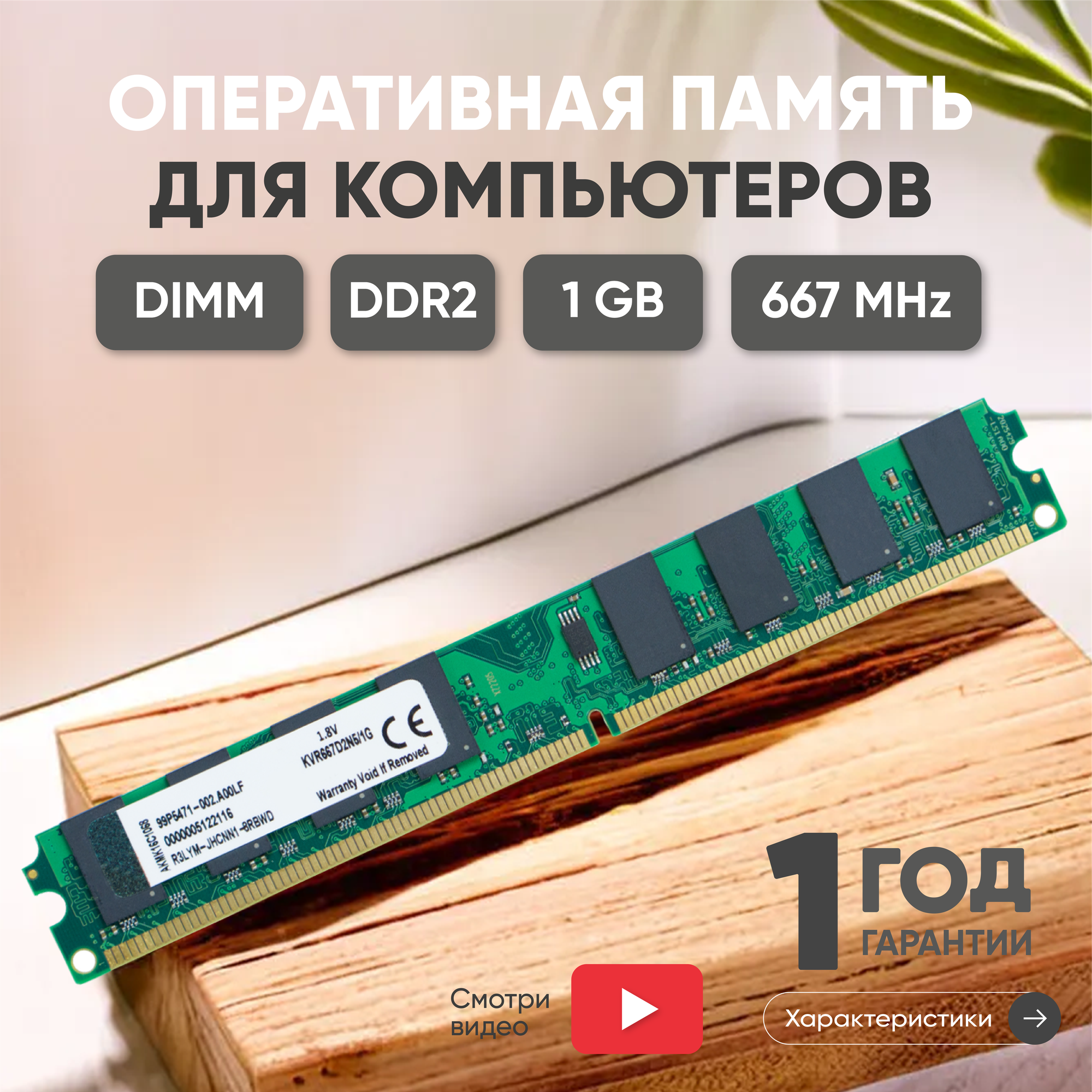 Модуль памяти Kingston DIMM DDR2, 1ГБ, 667МГц, PC2-5300