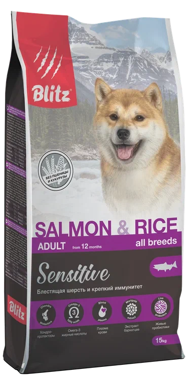 Blitz Adult Salmon&Rice Sensitive сухой корм для взрослых собак всех пород с чувствительным пищеварением, с лососем и рисом - 1,8 кг