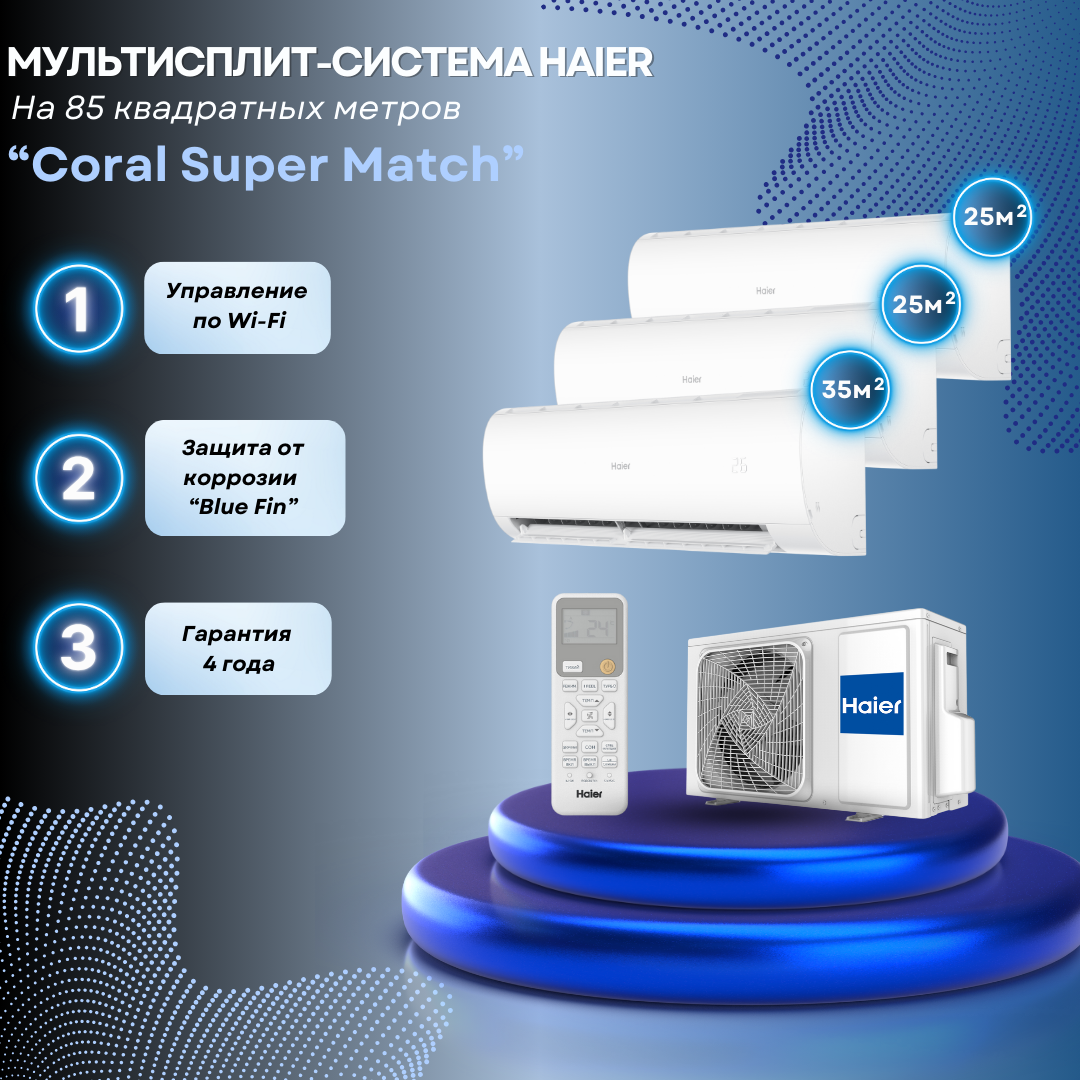 Мультисплит-система Haier Coral Super Match 2 x AS25PS1HRA-M + AS35PS1HRA-M / 4U85S2SR5FA на 3 комнаты 25+25+35 м²