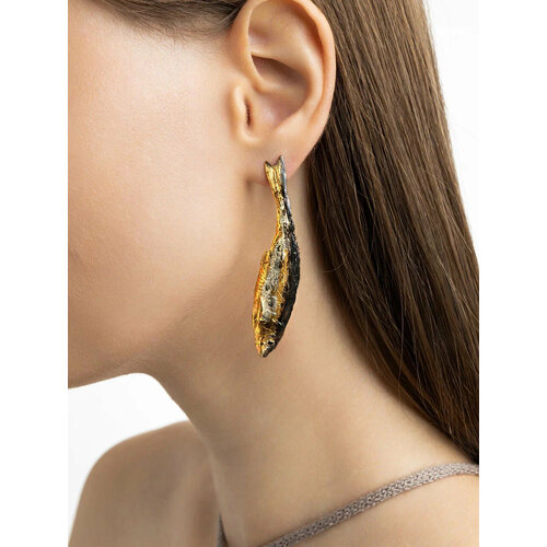 Серьги непарные Братья Глазуновы, серебро, 925 проба, золочение, фианит, размер 70 мм, длина 7 см, , серебристый